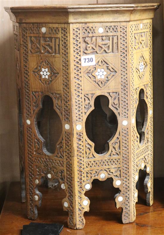 A Moorish mother of pearl inset occasional table, W.37cm